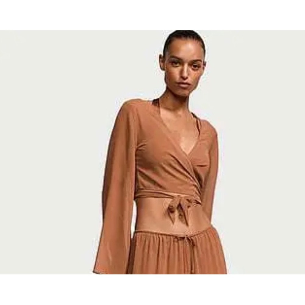 Victoria's Secret Swim Wrap Top Women M Brown Sheer Bell Sleeve Beach Coverup